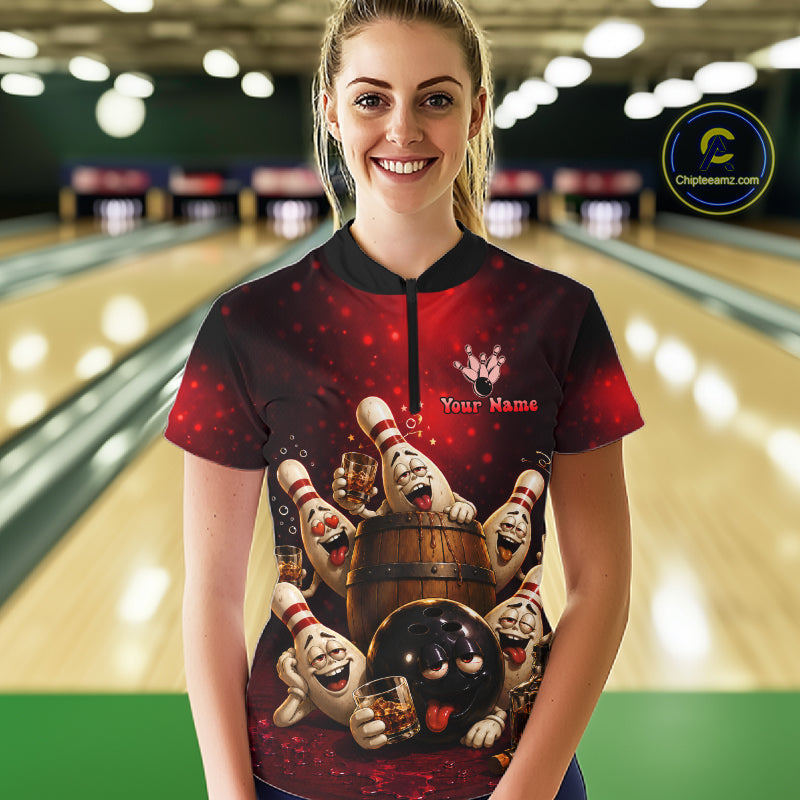 Red Funny Drunk Bowling Pins Bourbon Vintage Bowling Shirts For Women Custom Bowling Team Jersey TDM7250