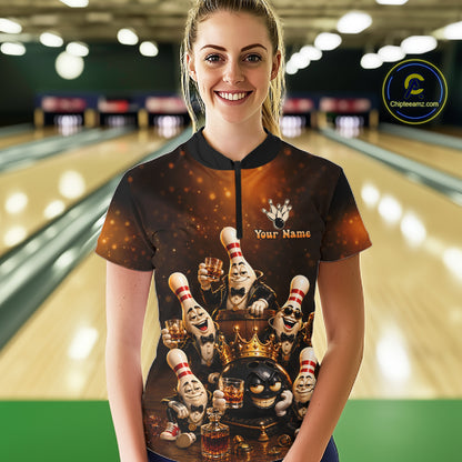 Funny Crown Drunk Bowling Pins Bourbon Vintage Bowling Shirts For Women Custom Bowling Team Jersey TDM7254