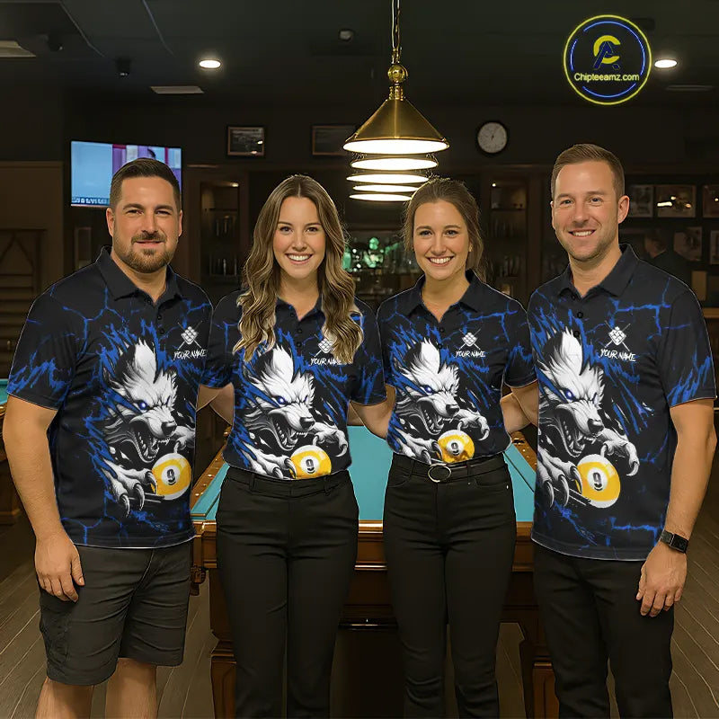Personalized 9 Ball Pool Wolf Billiard Shirts For Women, Billiard Team Jersey Polo & 1/4 Zip |Blue TDM5468