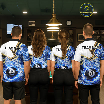 Blue 8 Ball Flame Smoke Golden Billiard Shirt For Women Custom Pool Team Jersey Polo & 1/4 Zip TDM5735
