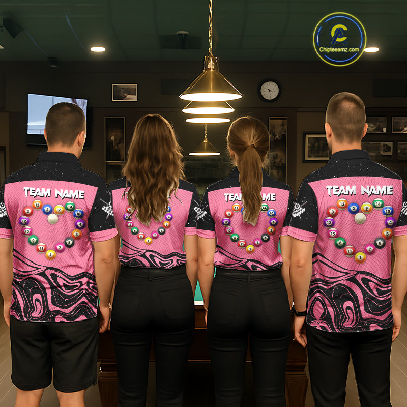 Black And Pink Funny Pool Balls Heart Billiard Shirt For Women Custom Valentine Billiard Jersey TDM5741