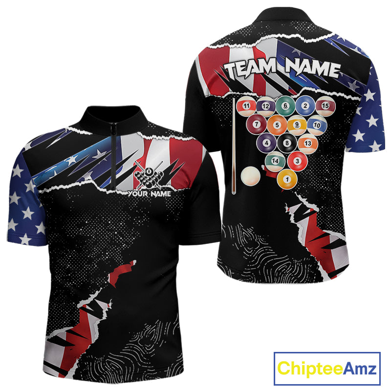 Custom Grunge American Flag Billiard Shirt For Men, Patriotic Pool Team Jersey Polo & 1/4 Zip TDM5927