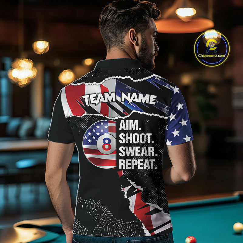 American Flag 8 Ball Aim Shoot Swear Repeat Men's Billiard Shirt Custom Pool Jersey Polo & 1/4 Zip TDM5928