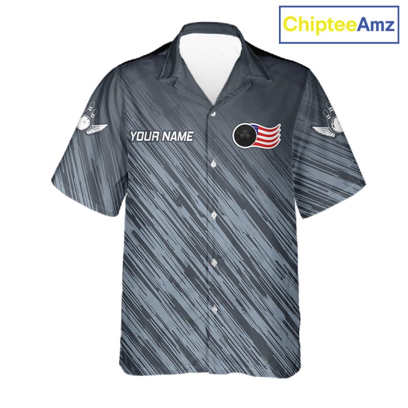 Personalized US Flag Grey Hawaiian Bowling Shirt For Women, Patriotic Bowling Team Jersey TDM6087