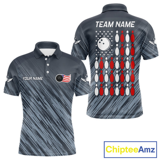 Personalized US Flag Grey Bowling Shirt For Men, Patriotic Bowling Team Jersey Polo & 1/4 Zip TDM6087