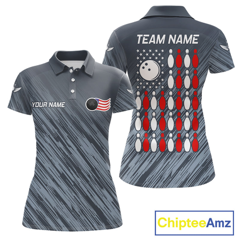 Personalized US Flag Grey Bowling Shirt For Women, Patriotic Bowling Team Jersey Polo & 1/4 Zip TDM6087