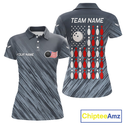 Personalized US Flag Grey Bowling Shirt For Women, Patriotic Bowling Team Jersey Polo & 1/4 Zip TDM6087