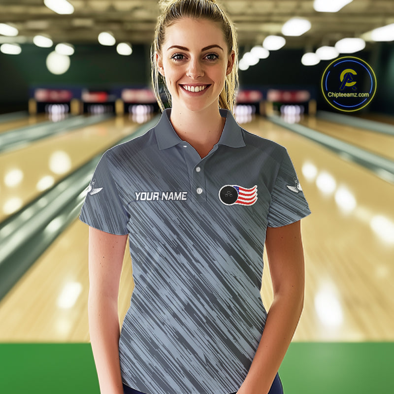 Personalized US Flag Grey Bowling Shirt For Women, Patriotic Bowling Team Jersey Polo & 1/4 Zip TDM6087