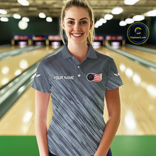 Load image into Gallery viewer, Personalized US Flag Grey Bowling Shirt For Women, Patriotic Bowling Team Jersey Polo &amp; 1/4 Zip TDM6087