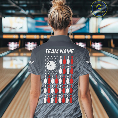 Personalized US Flag Grey Bowling Shirt For Women, Patriotic Bowling Team Jersey Polo & 1/4 Zip TDM6087