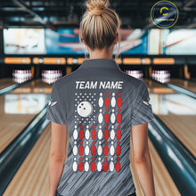 Load image into Gallery viewer, Personalized US Flag Grey Bowling Shirt For Women, Patriotic Bowling Team Jersey Polo &amp; 1/4 Zip TDM6087