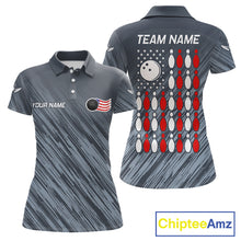 Load image into Gallery viewer, Personalized US Flag Grey Bowling Shirt For Women, Patriotic Bowling Team Jersey Polo &amp; 1/4 Zip TDM6087