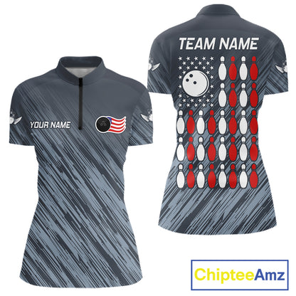 Personalized US Flag Grey Bowling Shirt For Women, Patriotic Bowling Team Jersey Polo & 1/4 Zip TDM6087