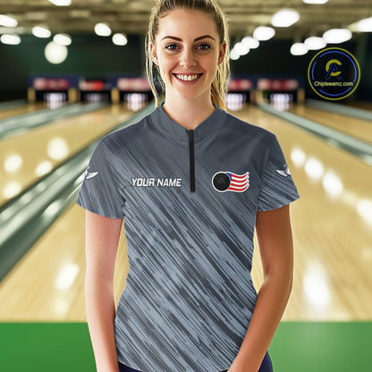 Personalized US Flag Grey Bowling Shirt For Women, Patriotic Bowling Team Jersey Polo & 1/4 Zip TDM6087