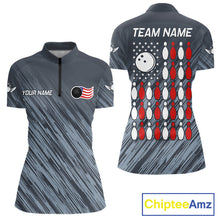 Load image into Gallery viewer, Personalized US Flag Grey Bowling Shirt For Women, Patriotic Bowling Team Jersey Polo &amp; 1/4 Zip TDM6087