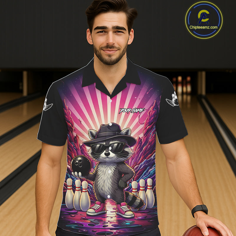 Pink Funny Raccoon Hawaiian Bowling Shirt For Women Custom Graffiti Bowling Team Jersey TDM6092