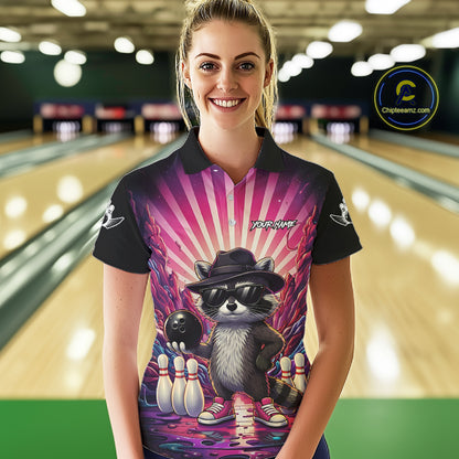 Pink Funny Raccoon Bowling Jersey For Women Custom Graffiti Bowling Shirt Team Polo & 1/4 Zip TDM6092