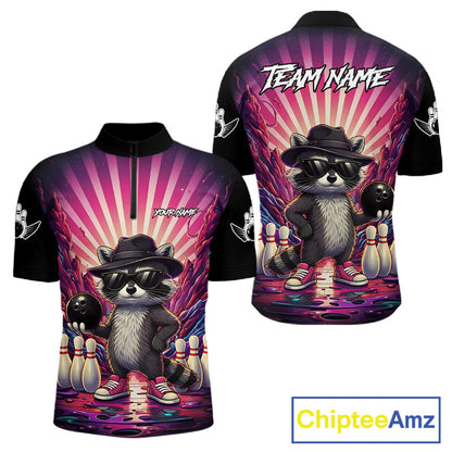 Pink Funny Raccoon Bowling Jersey For Men Custom Graffiti Bowling Shirt Team Polo & 1/4 Zip TDM6092