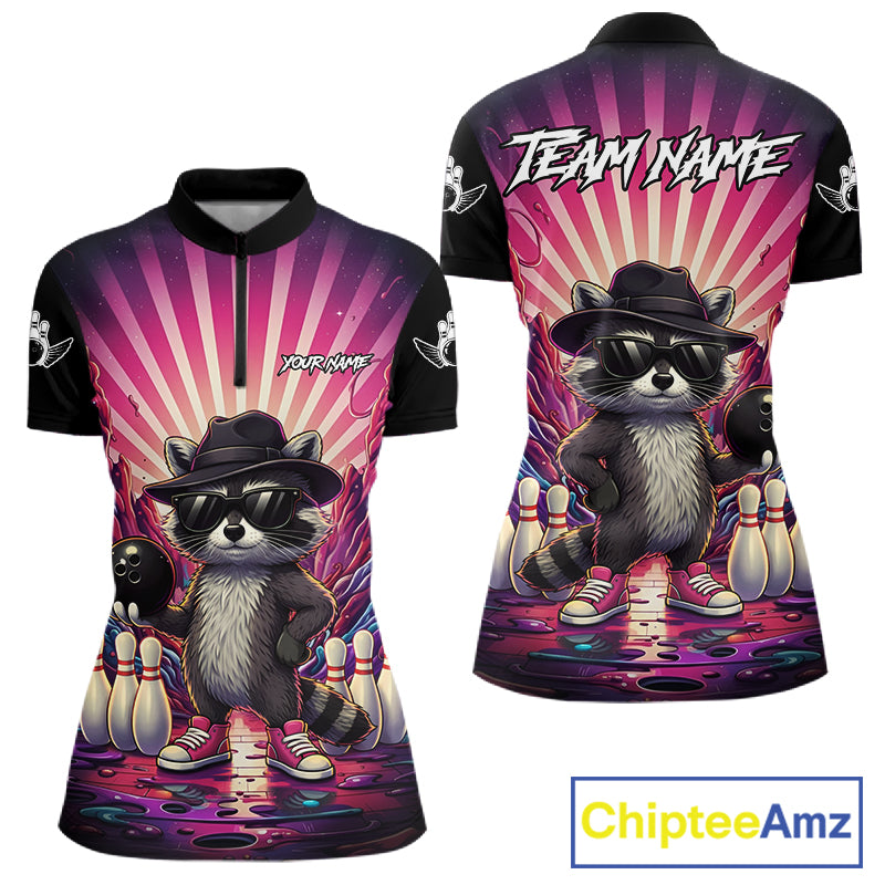 Pink Funny Raccoon Bowling Jersey For Women Custom Graffiti Bowling Shirt Team Polo & 1/4 Zip TDM6092