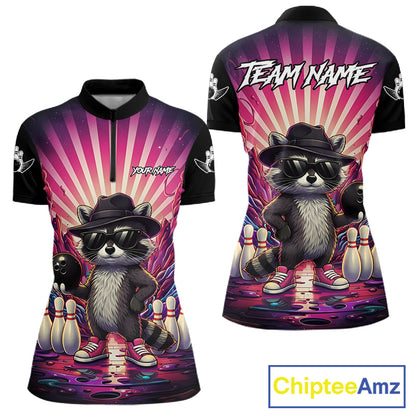 Pink Funny Raccoon Bowling Jersey For Women Custom Graffiti Bowling Shirt Team Polo & 1/4 Zip TDM6092