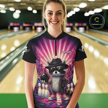 Pink Funny Raccoon Bowling Jersey For Women Custom Graffiti Bowling Shirt Team Polo & 1/4 Zip TDM6092