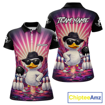 Pink Funny Duck Bowling Jersey For Women Custom Graffiti Bowling Shirt Team Polo & 1/4 Zip Shirt TDM6094