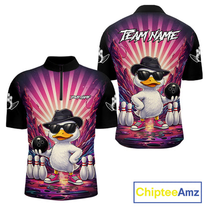 Pink Funny Duck Bowling Jersey For Men Custom Graffiti Bowling Shirt Team Polo & 1/4 Zip Shirt TDM6094