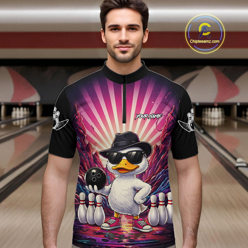 Pink Funny Duck Bowling Jersey For Men Custom Graffiti Bowling Shirt Team Polo & 1/4 Zip Shirt TDM6094