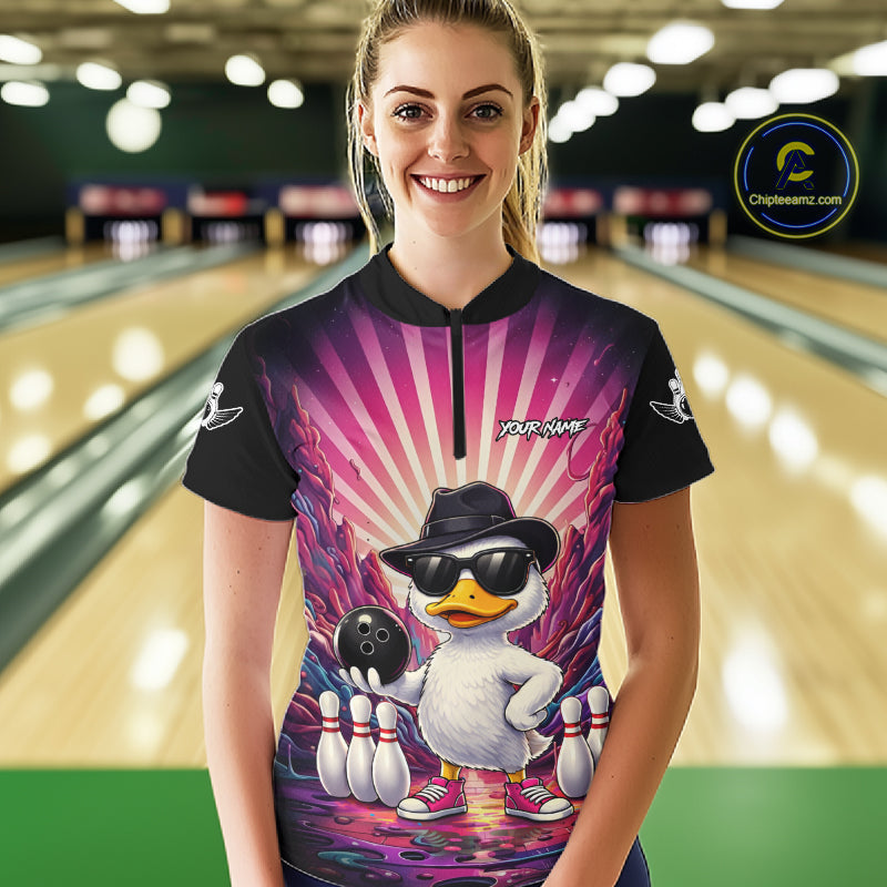 Pink Funny Duck Bowling Jersey For Women Custom Graffiti Bowling Shirt Team Polo & 1/4 Zip Shirt TDM6094