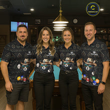 Load image into Gallery viewer, Pool team wearing matching 8 ball tribal billiard jerseys during tournament play front view.