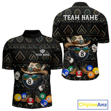 Load image into Gallery viewer, 8 ball tribal pattern billiard quarter zip shirt for men designed for league tournaments and team events.