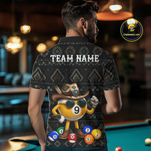 Load image into Gallery viewer, Back view of man wearing an 8 ball and 9 ball tribal pattern pool shirt in a billiards hall.