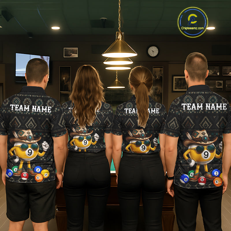 Back view of pool players wearing matching tribal pattern billiard shirts in a game room.