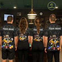 Load image into Gallery viewer, Back view of pool players wearing matching tribal pattern billiard shirts in a game room.