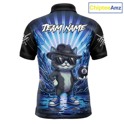 Funny Cat 8 Ball Billiard Shirt For Men Custom Blue Neon Graffiti Billiard Jersey Polo & 1/4 Zip TDM5742