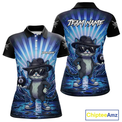 Funny Cat 8 Ball Billiard Shirt For Women Custom Blue Neon Graffiti Billiard Jersey Polo & 1/4 Zip TDM5742