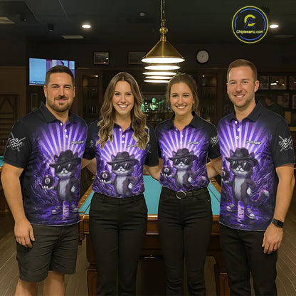 Funny Cat 8 Ball Billiard Shirt For Women Custom Purple Neon Graffiti Billiard Jersey Polo, 1/4 Zip TDM5743