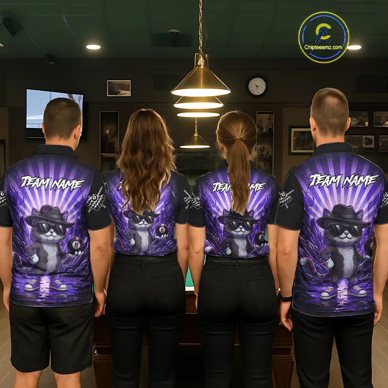 Funny Cat 8 Ball Billiard Shirt For Women Custom Purple Neon Graffiti Billiard Jersey Polo, 1/4 Zip TDM5743