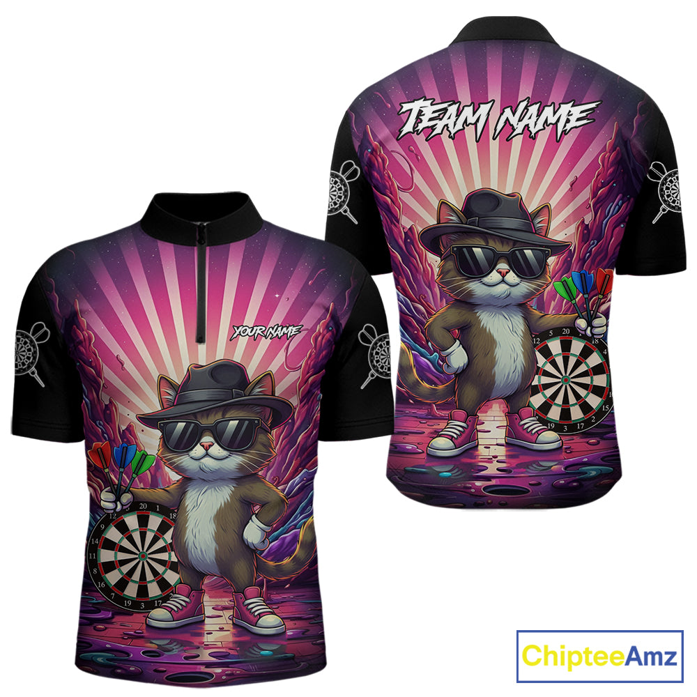 Pink Funny Cat Dartboard Neon Graffiti Darts Shirt For Men Custom Darts Jersey Team Polo & 1/4 Zip TDM5744