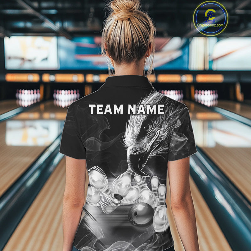 Black And White Custom Eagle Smoke Bowling Shirt For Women, Bowling Team Jersey Polo & 1/4 Zip TDM6356