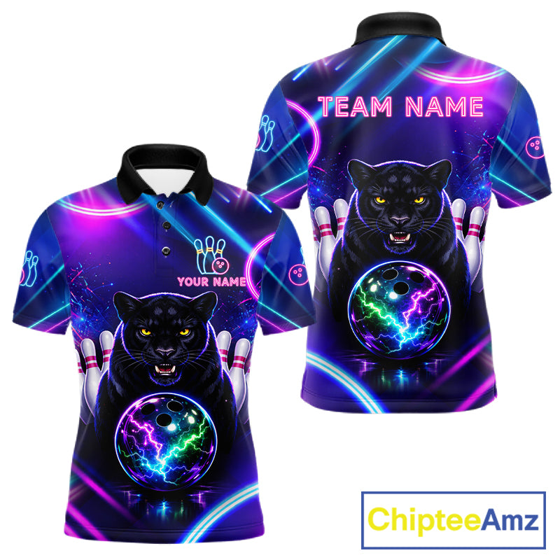 Neon Blue Purple Custom Panther Bowling Shirt For Men, Glowing Bowling Team Jersey Polo & 1/4 Zip TDM6358