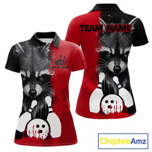 Load image into Gallery viewer, Black and red raccoon bowling polo shirt for women with custom bowling team league graphics.