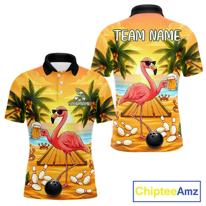 Funny flamingo sunset tropical bowling polo shirt for men with custom bowling team graphics.