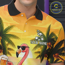 Load image into Gallery viewer, Close-up of a flamingo sunset tropical bowling polo shirt collar, buttons, and tropical artwork details.
