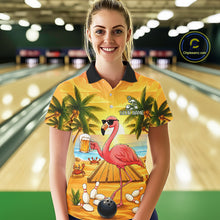 Load image into Gallery viewer, Woman wearing a funny flamingo sunset tropical bowling polo shirt at a bowling alley front view.