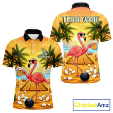 Load image into Gallery viewer, Funny flamingo sunset tropical bowling polo shirt for men with custom bowling team graphics.