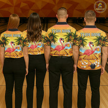 Load image into Gallery viewer, Back view of bowling team wearing matching tropical bowling shirts in a bowling alley.