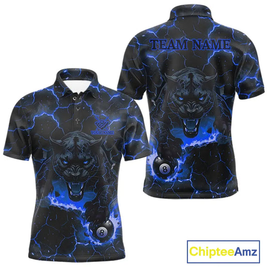 Blue 8 Ball Panther Fire Billiard Shirt For Men Custom Pool Team Shirt, Billiard League Jersey TDM5484