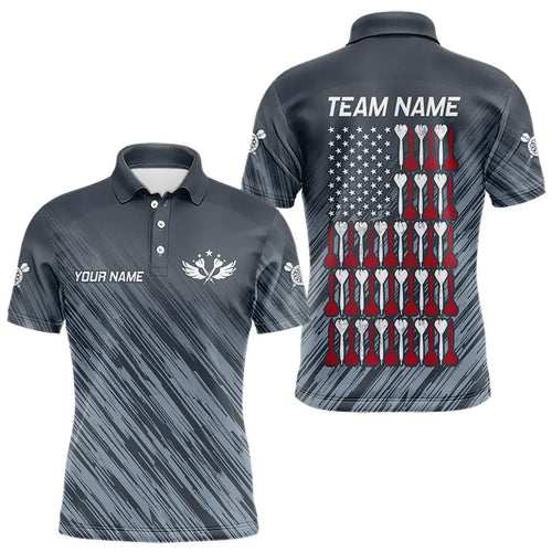 American Flag Grey Grunge Darts Polo & Quarter Zip Custom Dart Shirts For Men Patriotic Dart Jersey TDM3587