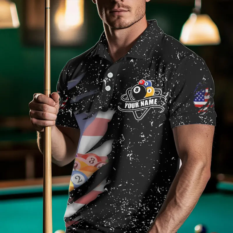 Personalized Grunge Black American Flag Billiard Shirts For Men Custom 8 Ball Pool Billiard Jersey TDM3743